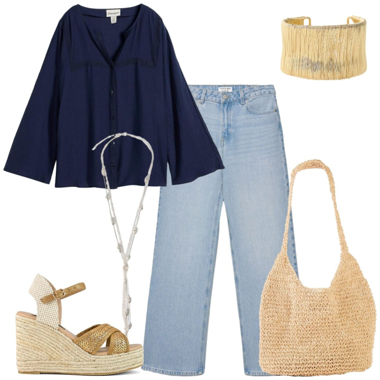 Outfit donna - Total look #2408221. Stile Boho per Tutti i giorni. Abbinamento con bluse, shopping bag, jeans, braccialetti, collane, zeppe.