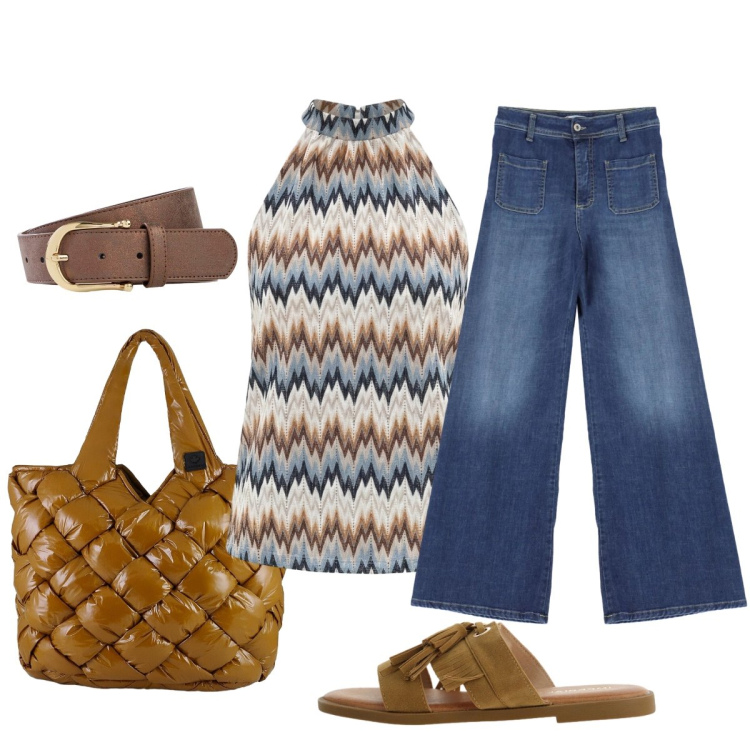 Outfit donna - In città. Stile Casual chic per Tutti i giorni. Abbinamento con cinture, canottiere, sandali, jeans, borse tote.