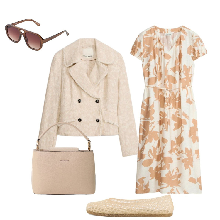 Outfit donna - Stile bon ton. Stile Bon Ton per Tutti i giorni. Abbinamento con vestiti midi/longuette, blazer, occhiali da sole, borse a secchiello, ballerine.