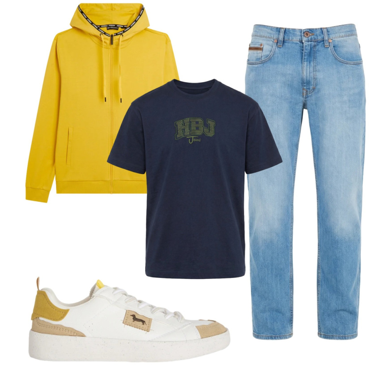 Outfit uomo - Total look #2408225. Stile Trendy per Tutti i giorni. Abbinamento con jeans, sneakers, t-shirt, felpe con cappuccio.