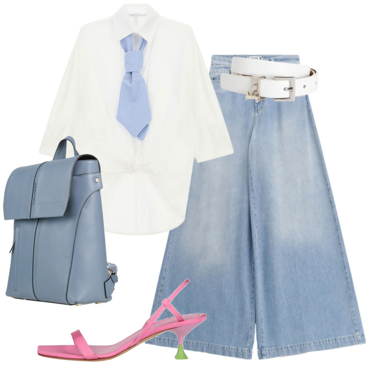 Outfit donna - Cravatta in ufficio. Stile Glamour per Tutti i giorni. Abbinamento con zaini, sandali in pelle, camicie, cinture, jeans.