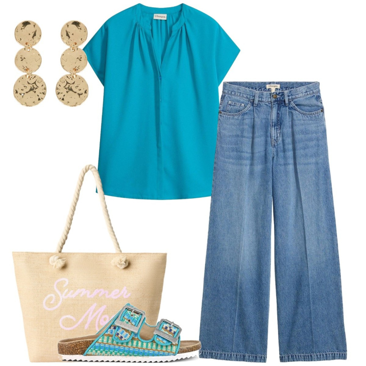 Outfit donna - Total look #2408227. Stile Casual chic per Tutti i giorni. Abbinamento con jeans, camicie a manica corta, borse tote, orecchini, sandali.