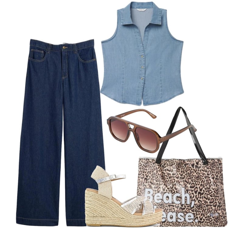 Outfit donna - Total look #2408228. Stile Casual chic per Tutti i giorni. Abbinamento con jeans, occhiali da sole, borse tote, camicie a manica corta, zeppe.