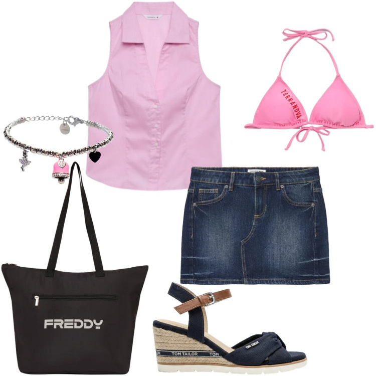 Outfit donna - Total look #2408229. Stile Casual chic per Tutti i giorni. Abbinamento con sandali col tacco, minigonne, camicie a manica corta, bikini, braccialetti, shopping bag.