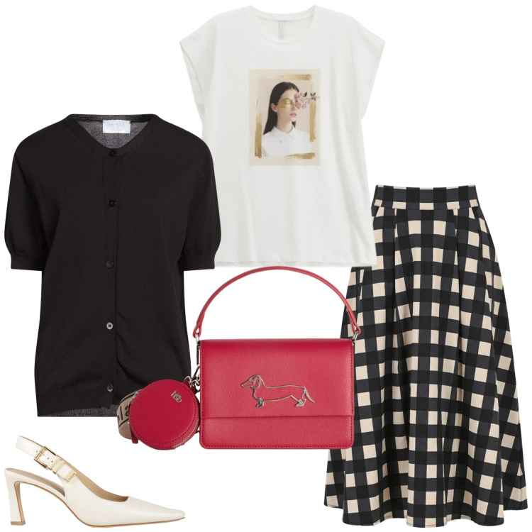Outfit donna - Per un incontro nel pomeriggio. Stile Glamour per Serata fuori. Abbinamento con cardigans, décolleté, gonne longuette, t-shirt, borse a tracolla.