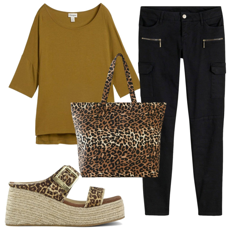 Outfit donna - Total look #2408238. Stile Basic per Tutti i giorni. Abbinamento con maglieria, pantaloni cargo, shopping bag, zeppe.