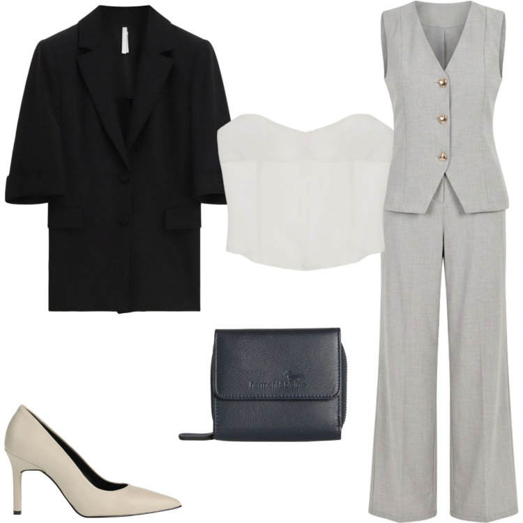 Outfit donna - Per una serata fuori. Stile Glamour per Serata fuori. Abbinamento con décolleté, tute, blazer, top, portafogli.