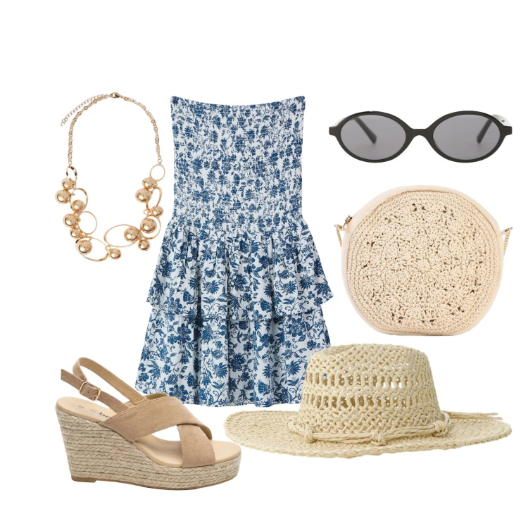 Outfit donna - Maggio. Stile Romantica per Tutti i giorni. Abbinamento con borse a tracolla, sandali col tacco, vestiti corti, occhiali da sole, cappelli, collane.