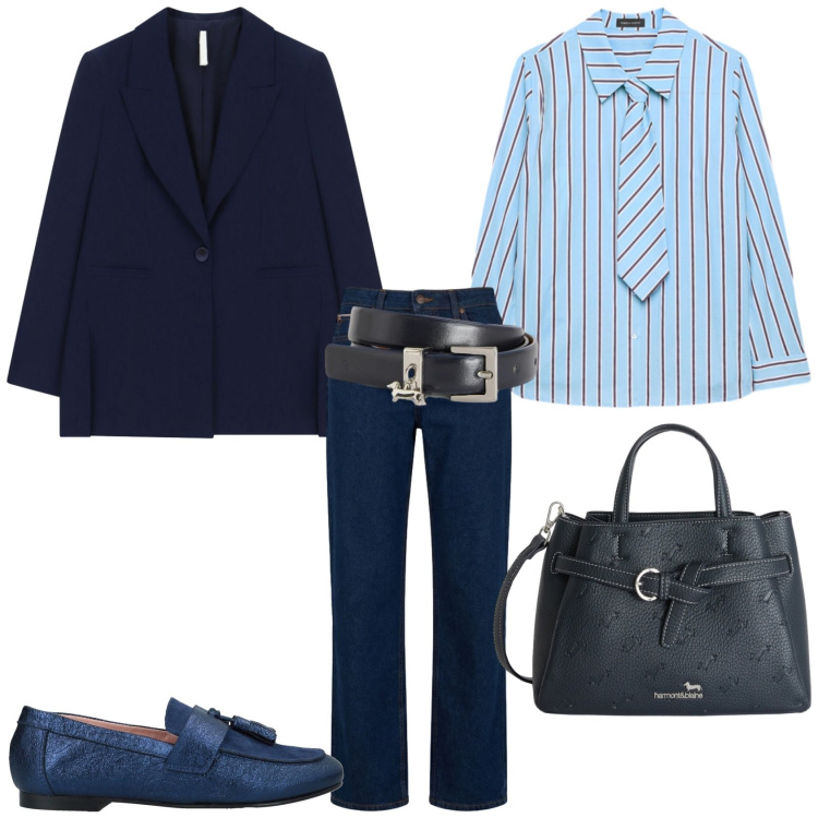 Outfit donna - Un outfit da ufficio. Stile Casual chic per Ufficio. Abbinamento con mocassini, blazer, borse a mano, cinture, jeans, camicie.