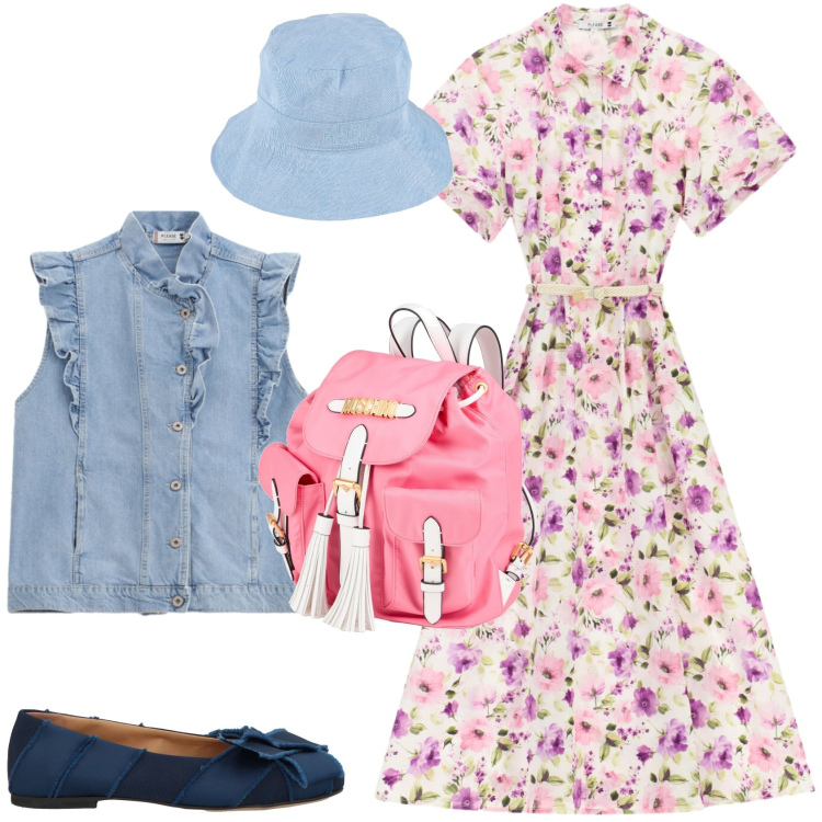 Outfit donna - Uno stile Romantico e Urban. Stile Urban per Tutti i giorni. Abbinamento con zaini, ballerine, cappelli, vestiti midi/longuette, gilet.