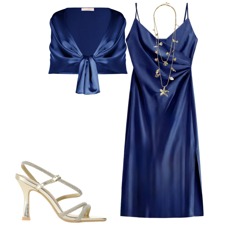 Outfit donna - Cerimonia in blu. Stile Chic per Cerimonia. Abbinamento con stole, vestiti midi/longuette, sandali col tacco, collane.