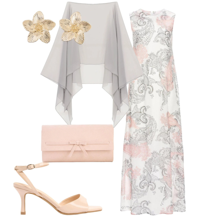 Outfit donna - Cerimonia estiva. Stile Chic per Cerimonia. Abbinamento con sandali, orecchini, pochette, vestiti lunghi, cappe.