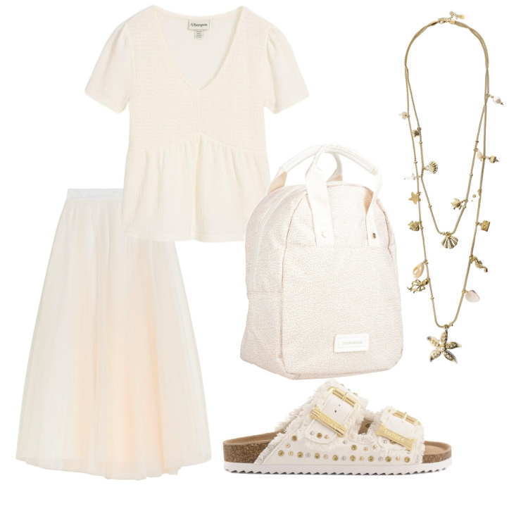 Outfit donna - Quasi bianco. Stile Romantica per Tutti i giorni. Abbinamento con zaini, gonne lunghe, t-shirt, collane, sandali.