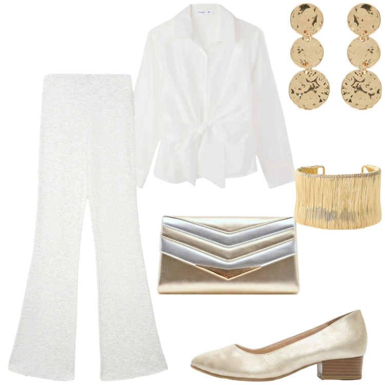 Outfit donna - Bianco e oro. Stile Chic per Serata fuori. Abbinamento con décolleté, leggings, camicie, pochette, braccialetti, orecchini.