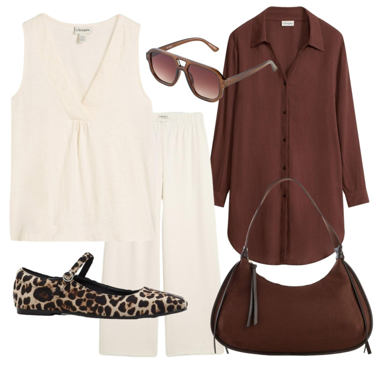 Outfit donna - Pomeriggio leggero. Stile Casual per Tutti i giorni. Abbinamento con camicie, top, ballerine, borse a tracolla, pantaloni, occhiali da sole.