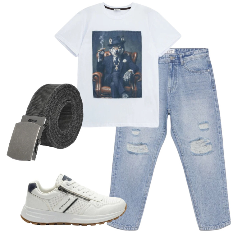 Outfit uomo - Total look #2408286. Stile Urban per Tutti i giorni. Abbinamento con sneakers, cinture, jeans strappati, t-shirt.