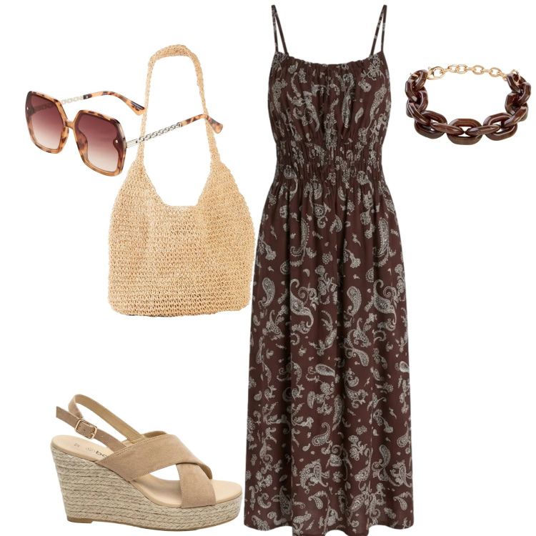 Outfit donna - Summer. Stile Urban per Tutti i giorni. Abbinamento con sandali col tacco, shopping bag, occhiali da sole, braccialetti, vestiti lunghi.