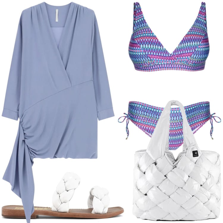 Outfit donna - Colazione in riva al mare. Stile Minimal per Tutti i giorni. Abbinamento con vestiti corti, bikini, borse tote, ciabatte.