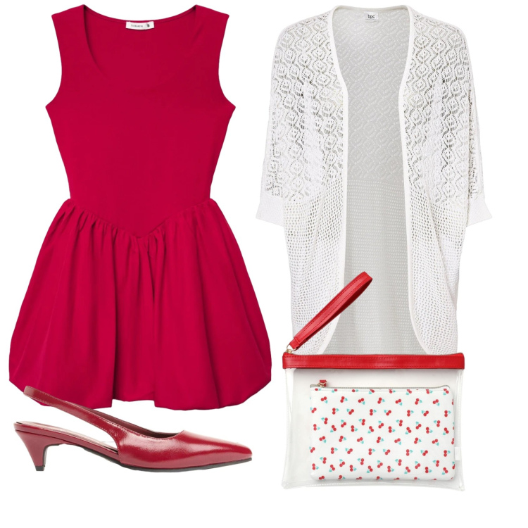 Outfit donna - L\'abito rosso. Stile Casual per Serata fuori. Abbinamento con décolleté, cardigans, vestiti corti, pochette.
