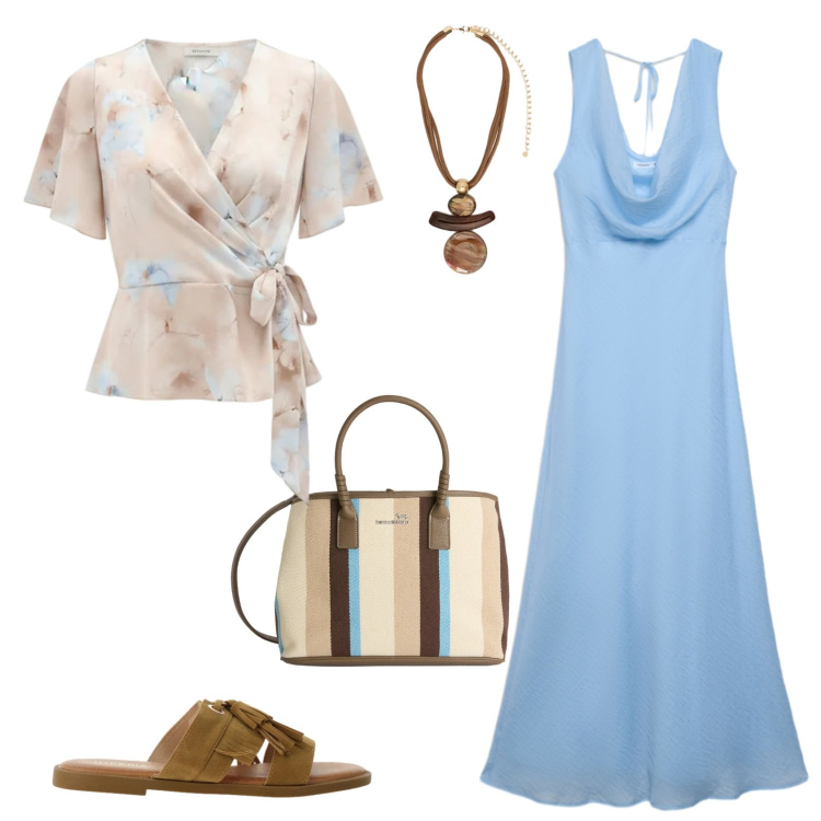 Outfit donna - Chic ogni giorno. Stile Chic per Tutti i giorni. Abbinamento con vestiti lunghi, bluse, sandali, shopping bag, ciondoli.