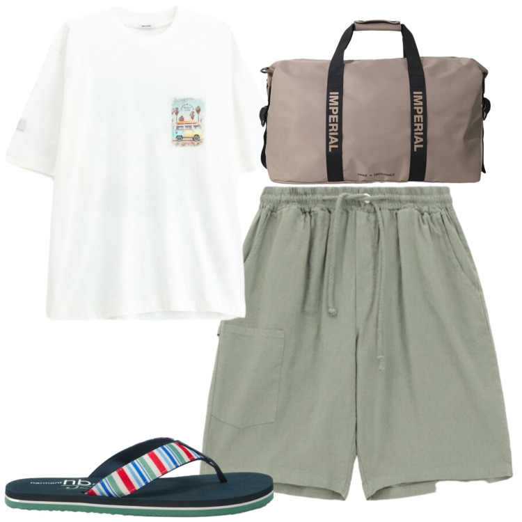 Outfit uomo - Total look #2408297. Stile Casual per Tutti i giorni. Abbinamento con bermuda, borse sportive, t-shirt, sandali.
