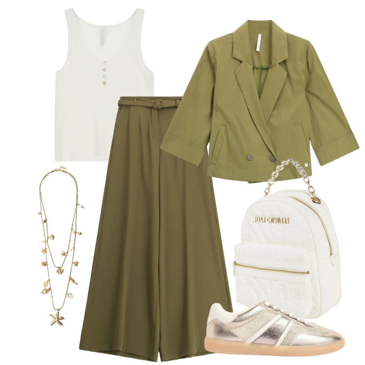 Outfit donna - Maggio. Stile Casual chic per Ufficio. Abbinamento con zaini, sneakers, pantaloni a palazzo, blazer, collane, canottiere.