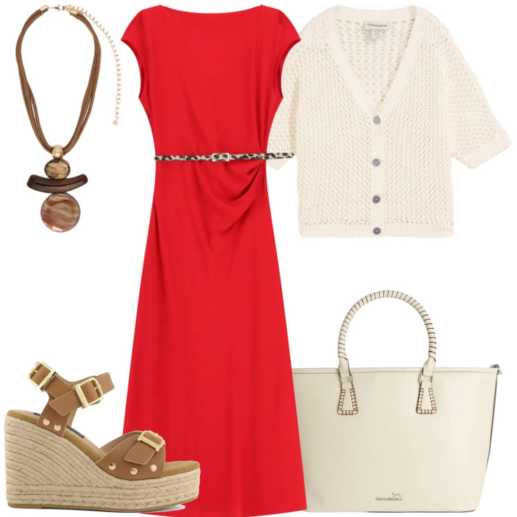 Outfit donna - Eleganza senza rumore. Stile Casual chic per Ufficio. Abbinamento con cardigans, vestiti midi/longuette, shopping bag, ciondoli, zeppe.