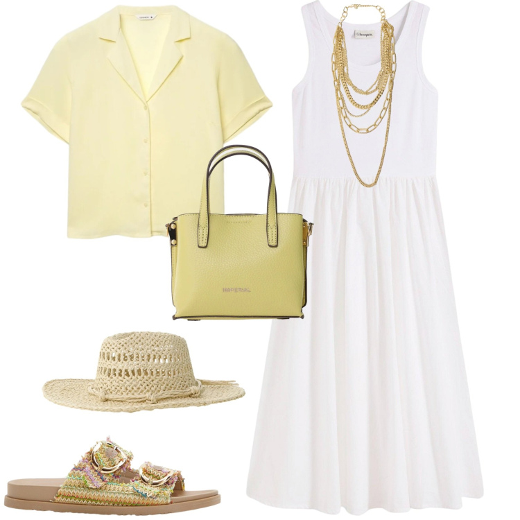 Outfit donna - Casual chic ogni giorno. Stile Casual chic per Tutti i giorni. Abbinamento con ciabatte, vestiti, camicie a manica corta, borse a tracolla, cappelli, collane.