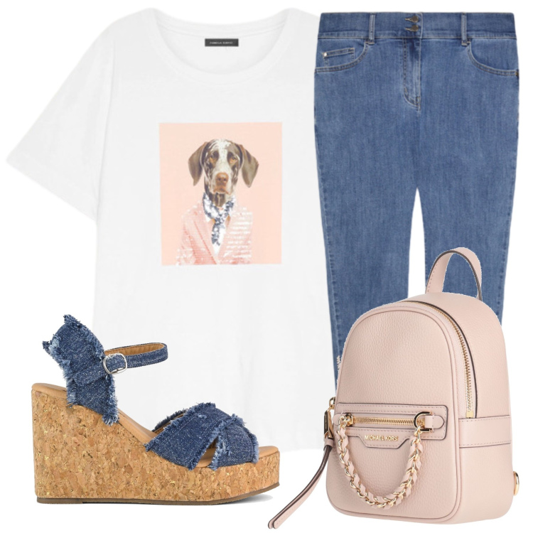 Outfit donna - Ser Dog. Stile Glamour per Tutti i giorni. Abbinamento con zaini, t-shirt, jeans skinny, zeppe.
