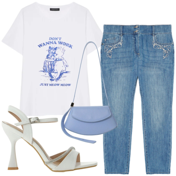 Outfit donna - Cats in love. Stile Glamour per Tutti i giorni. Abbinamento con sandali gioiello, borse a spalla, t-shirt, jeans skinny.