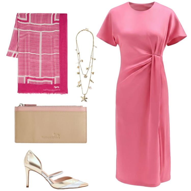 Outfit donna - Chewing-gum. Stile Chic per Cerimonia. Abbinamento con vestiti midi/longuette, décolleté, collane, sciarpe, portafogli.
