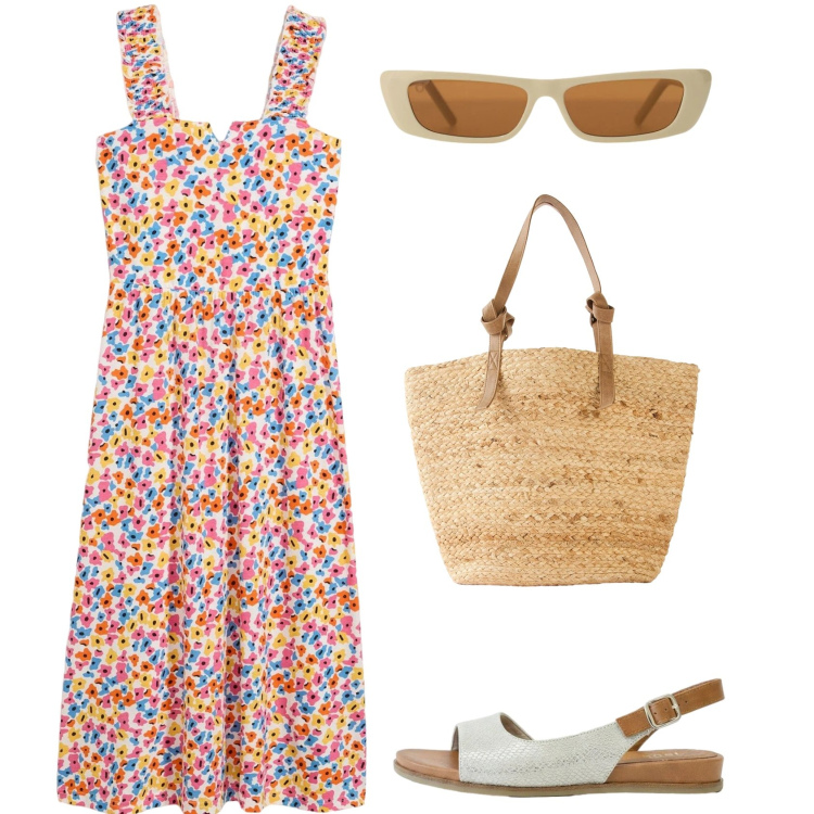 Outfit donna - Al mare. Stile Basic per Mare. Abbinamento con vestiti, sandali, shopping bag, occhiali da sole.