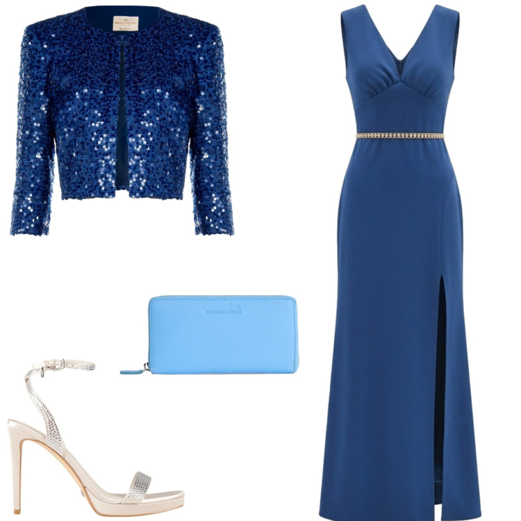 Outfit donna - L\'outfit da sera. Stile Glamour per Cerimonia. Abbinamento con sandali col tacco, bolero, vestiti lunghi, portafogli.