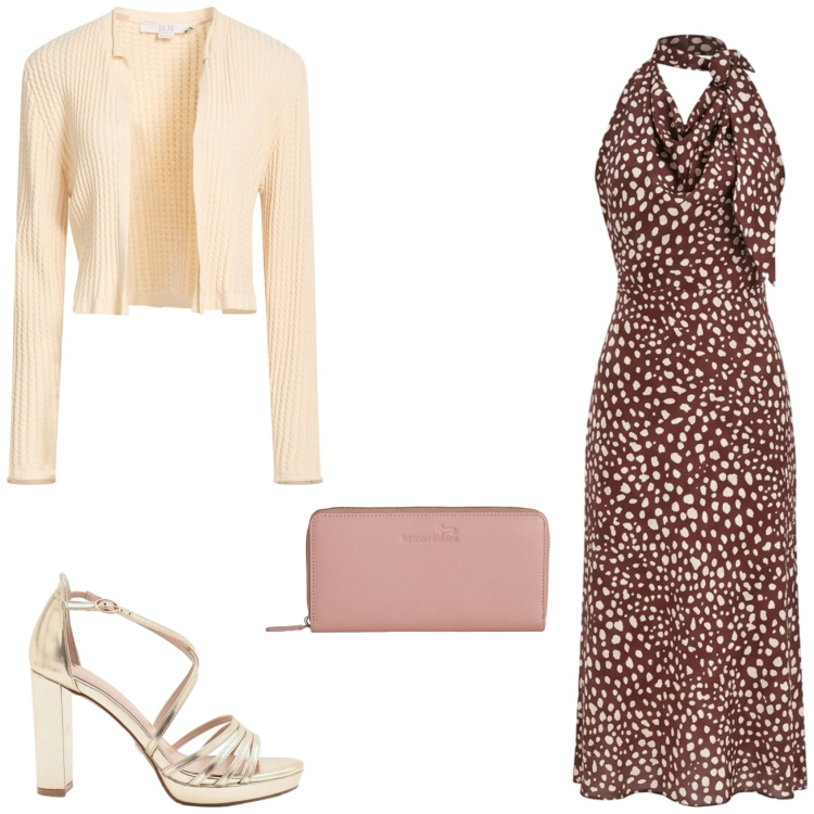 Outfit donna - L\'abito midi da cerimonia. Stile Glamour per Cerimonia. Abbinamento con cardigans, vestiti midi/longuette, sandali col tacco, portafogli.