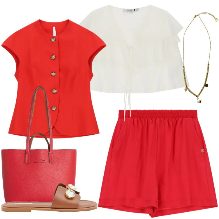 Outfit donna - Total look #2408313. Stile Casual chic per Tutti i giorni. Abbinamento con sandali gioiello, blazer, shopping bag, shorts, top, ciondoli.