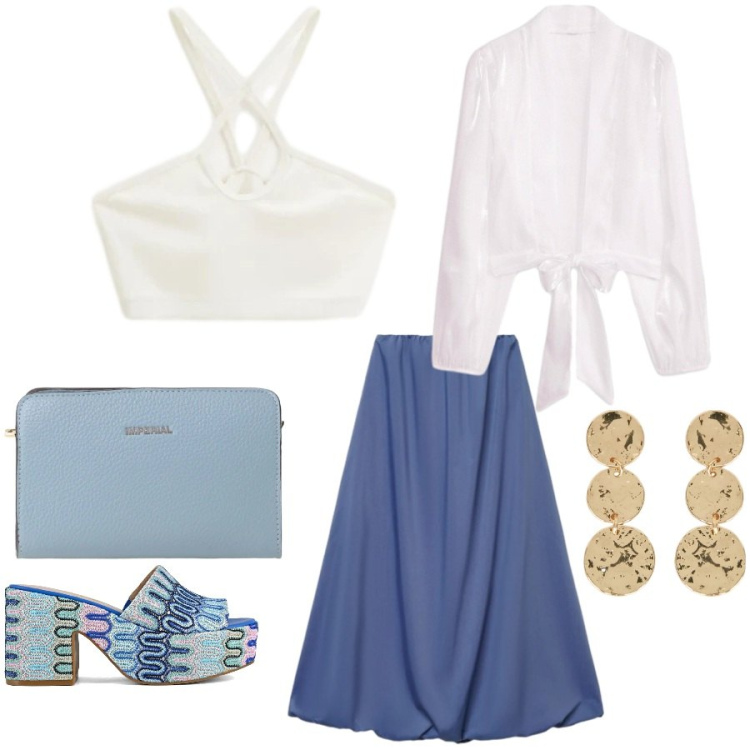 Outfit donna - Total look #2408316. Stile Casual chic per Tutti i giorni. Abbinamento con kimono, gonne lunghe, top, borse a tracolla, orecchini, sabot.