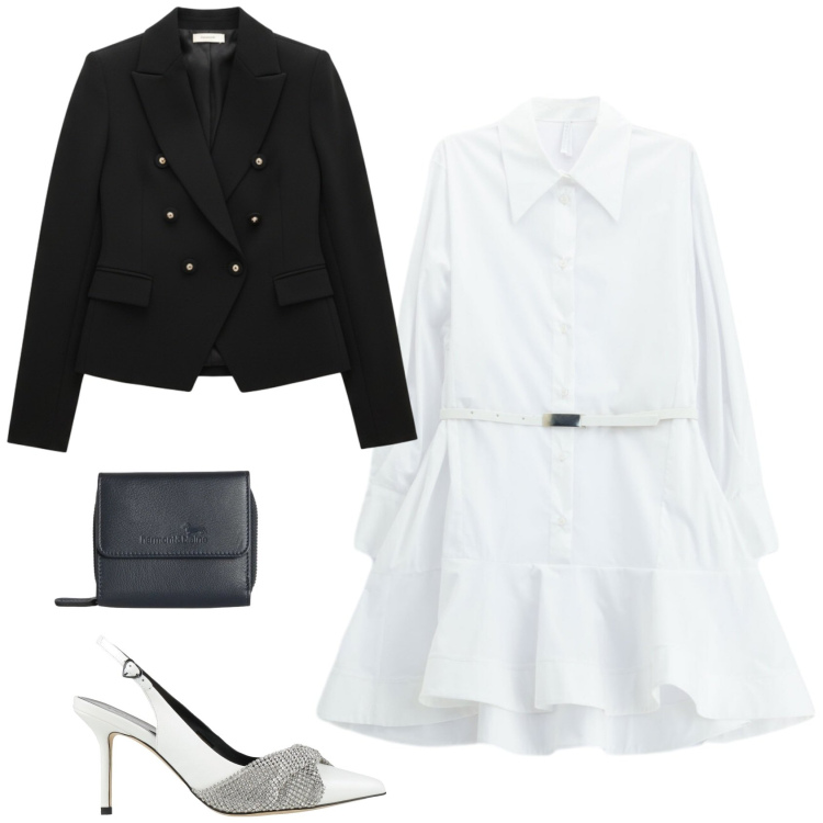 Outfit donna - L\'outfit per una serata fuori. Stile Glamour per Serata fuori. Abbinamento con décolleté, blazer, vestiti corti, portafogli.
