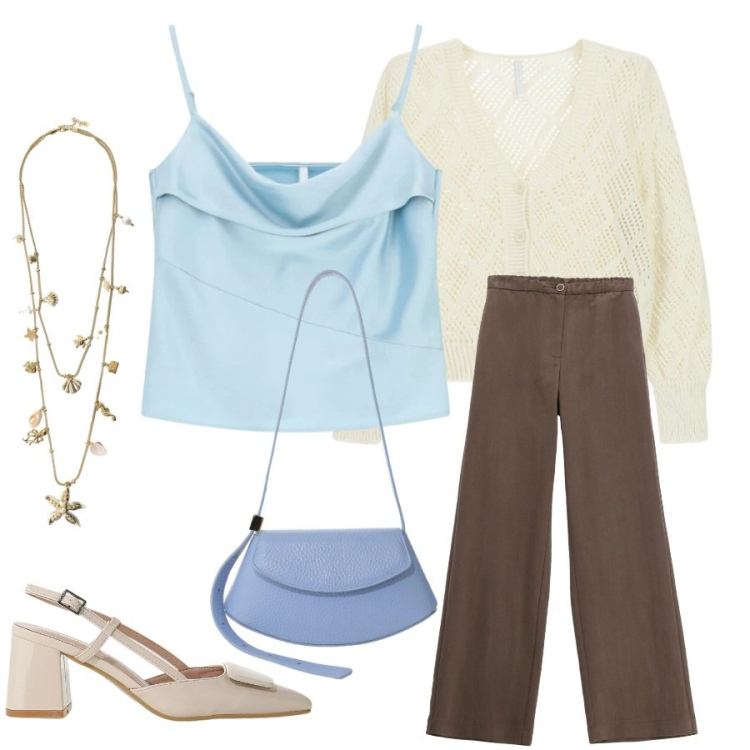 Outfit donna - Total look #2408321. Stile Casual chic per Tutti i giorni. Abbinamento con cardigans, décolleté, pantaloni a palazzo, canottiere, borse a spalla, collane.