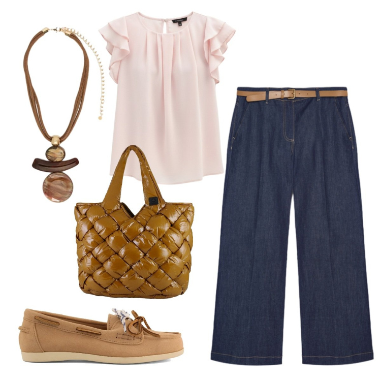 Outfit donna - Finalmente primavera. Stile Casual per Tutti i giorni. Abbinamento con canottiere, ciondoli, jeans, borse tote, mocassini.
