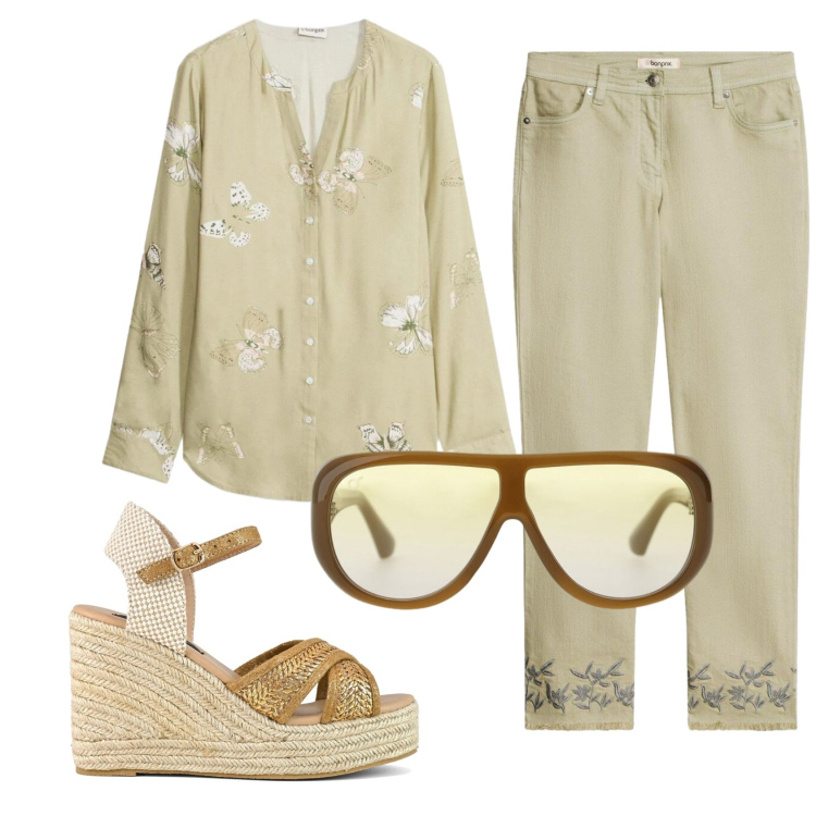 Outfit donna - Total look #2408332. Stile Basic per Ufficio. Abbinamento con pantaloni, camicie, occhiali da sole, zeppe.