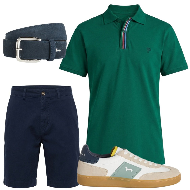 Outfit uomo - Verde bottiglia#polo Harmont. Stile Trendy per Serata speciale. Abbinamento con cinture, sneakers, polo, bermuda.