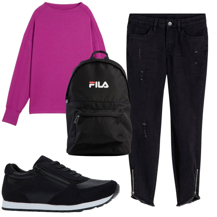 Outfit donna - Total look #2408341. Stile Casual per Tutti i giorni. Abbinamento con jeans skinny, sneakers, felpe, zaini.