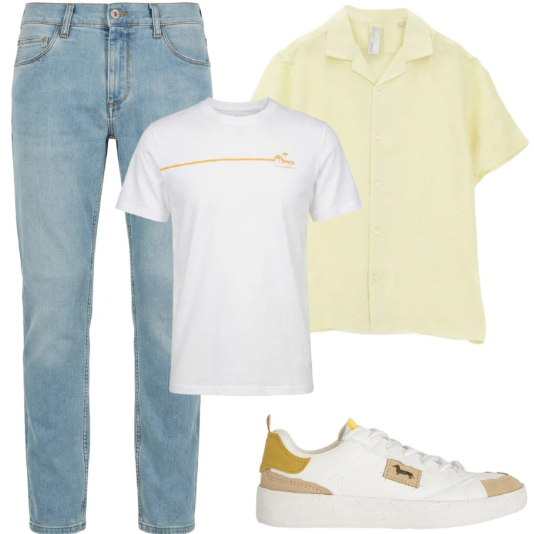 Outfit uomo - Giallo. Stile Trendy per Tutti i giorni. Abbinamento con camicie a manica corta, jeans slim fit, sneakers, t-shirt.