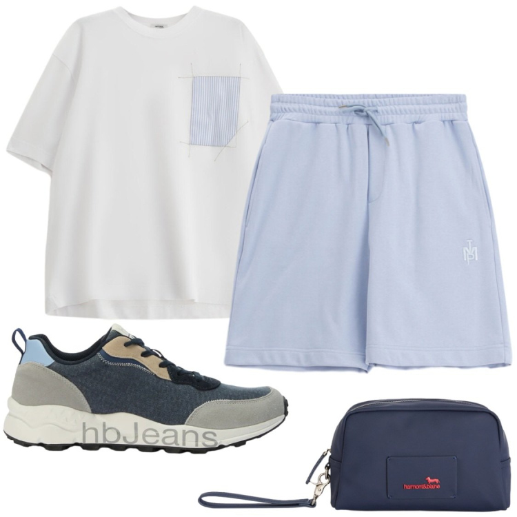 Outfit uomo - Tempo libero. Stile Casual per Tutti i giorni. Abbinamento con t-shirt, bermuda, borse sportive, sneakers.