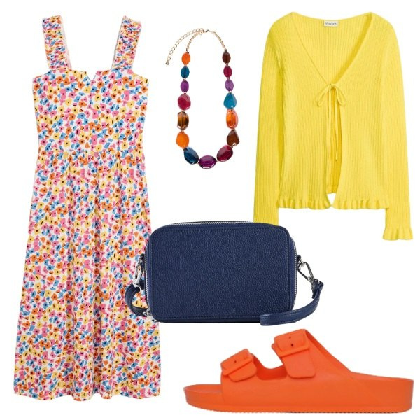 Outfit donna - Solare. Stile Vintage retrò per Tutti i giorni. Abbinamento con vestiti, borse a tracolla, cardigans, ciabatte, collane.