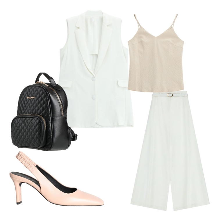 Outfit donna - Bianco a fine maggio. Stile Mannish per Ufficio. Abbinamento con décolleté, zaini, pantaloni a palazzo, canottiere, gilet.