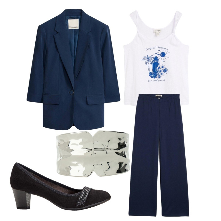 Outfit donna - Casual chic. Stile Casual chic per Ufficio. Abbinamento con pantaloni, décolleté, blazer, canottiere, braccialetti.