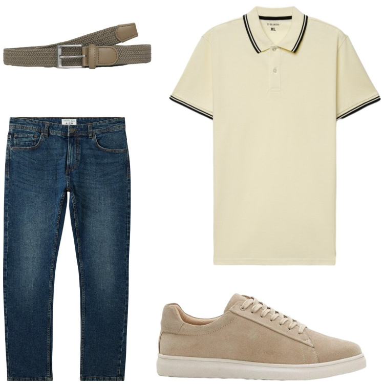 Outfit uomo - Estate. Stile Trendy per Tutti i giorni. Abbinamento con sneakers, polo, jeans, cinture.