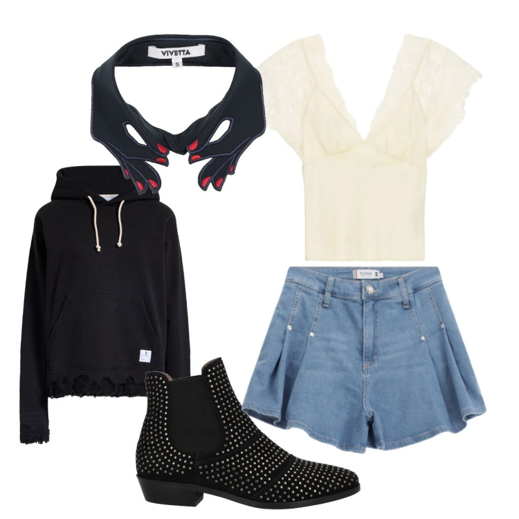 Outfit donna - Easy in città. Stile Basic per Scuola/Università. Abbinamento con sciarpe, felpe con cappuccio, stivaletti chelsea, canottiere, shorts.