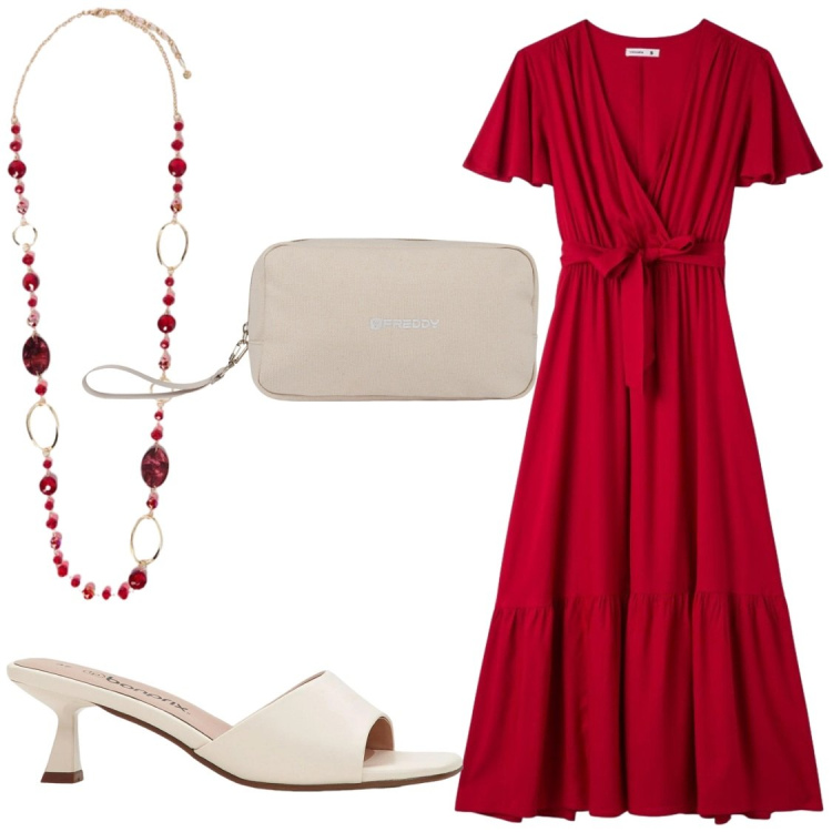 Outfit donna - Serate. Stile Chic per Serata fuori. Abbinamento con ciabatte, vestiti lunghi, valigie, collane.